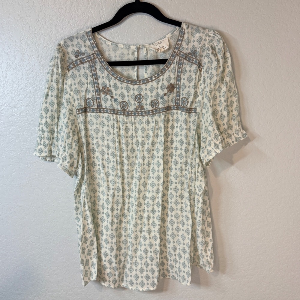Flower & Feather Embroidered Boho Blouse 2XL Cream Blue‎ Geometric Short Sleeve